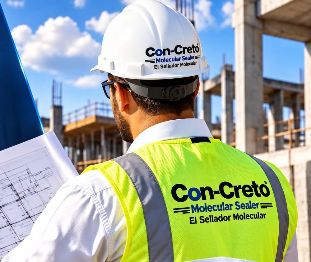 Trabajador de construcción con casco y chaleco con el logo Con-Creto Molecular Sealer